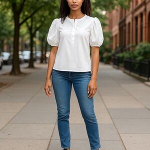 NWT J Crew Vintage rib puff-sleeve henley top White M